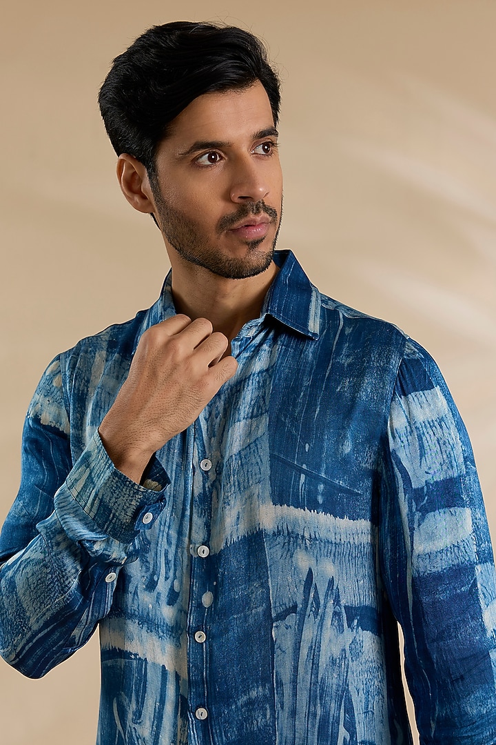 Navy Blue Bamboo Silk Party Wear Shirt by ARJAN DUGAL at Pernia's Pop Up Shop