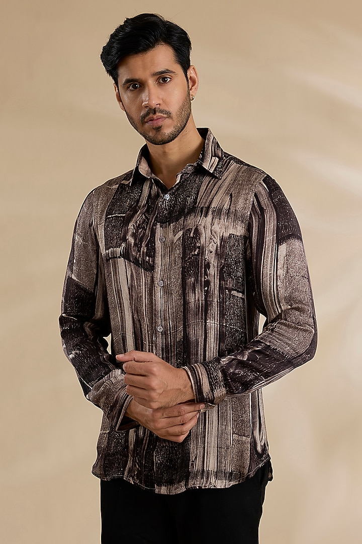 Brown Bamboo Silk Party Wear Shirt by ARJAN DUGAL at Pernia's Pop Up Shop