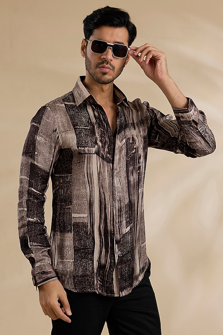 Brown Bamboo Silk Party Wear Shirt by ARJAN DUGAL at Pernia's Pop Up Shop
