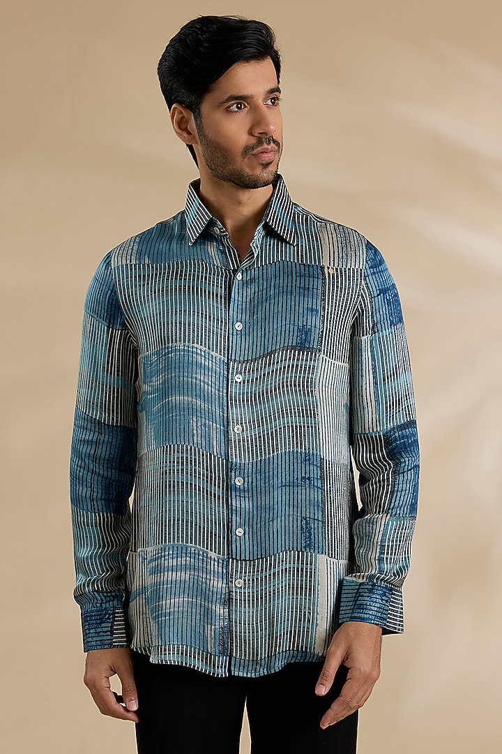 Navy-Black Bamboo Silk Party Wear Shirt by ARJAN DUGAL at Pernia's Pop Up Shop