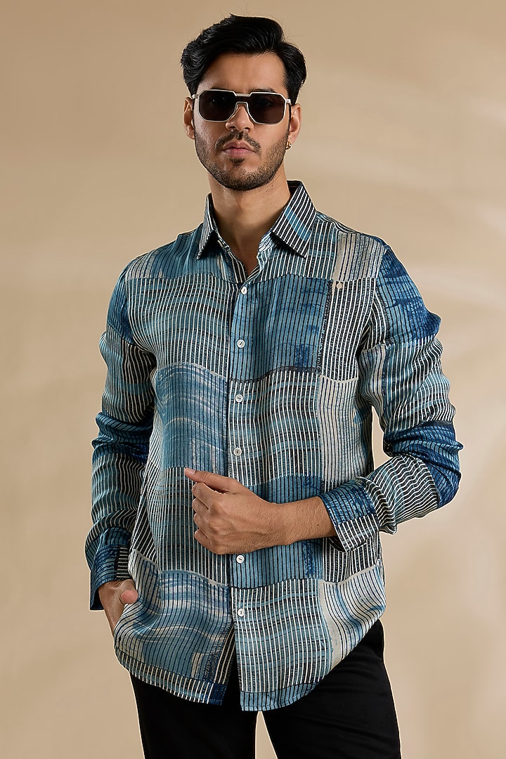 Navy-Black Bamboo Silk Party Wear Shirt by ARJAN DUGAL at Pernia's Pop Up Shop