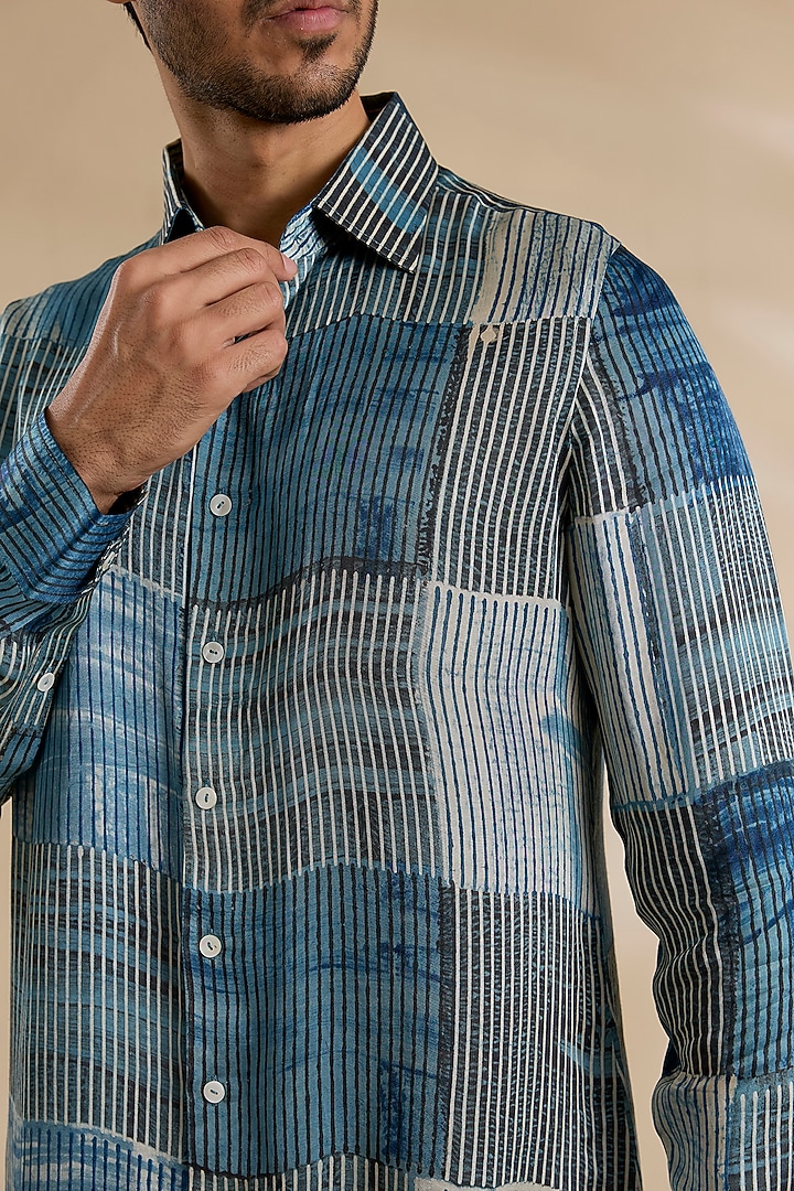 Navy-Black Bamboo Silk Party Wear Shirt by ARJAN DUGAL at Pernia's Pop Up Shop