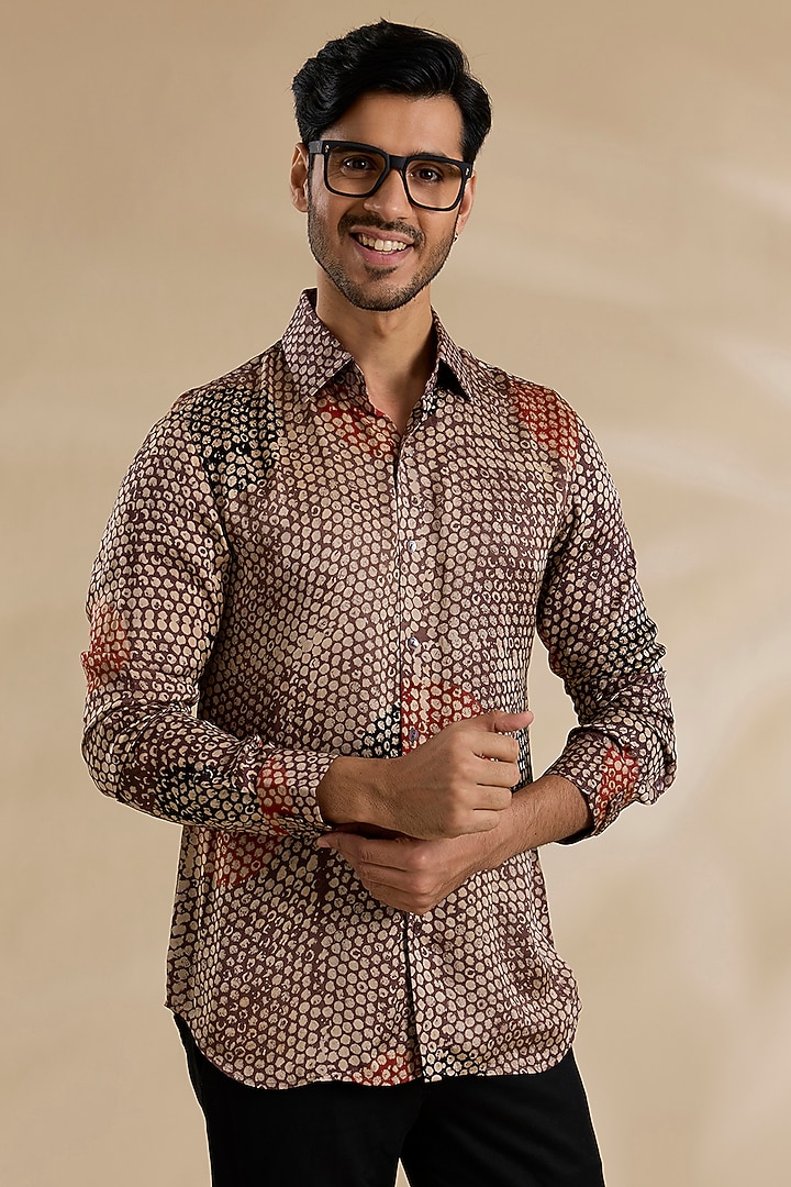Red Bamboo Silk Party Wear Shirt by ARJAN DUGAL at Pernia's Pop Up Shop
