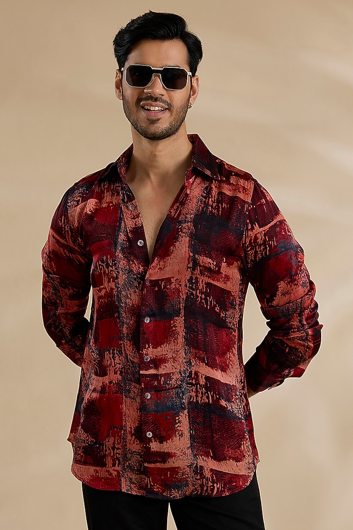 Red Bamboo Silk Party Wear Shirt by ARJAN DUGAL at Pernia's Pop Up Shop
