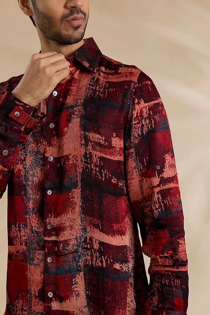 Red Bamboo Silk Party Wear Shirt by ARJAN DUGAL at Pernia's Pop Up Shop