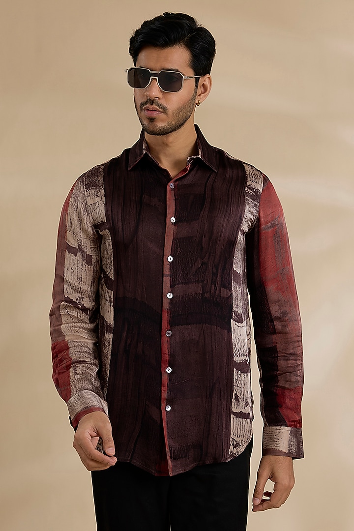 Red Bamboo Silk Party Wear Shirt by ARJAN DUGAL at Pernia's Pop Up Shop