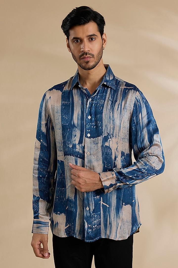 Blue Bamboo Silk Shirt by ARJAN DUGAL