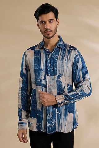 Blue Bamboo Silk Shirt by ARJAN DUGAL
