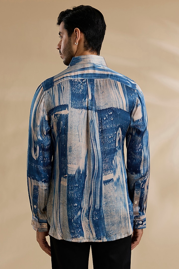 Blue Bamboo Silk Party Wear Shirt by ARJAN DUGAL at Pernia's Pop Up Shop
