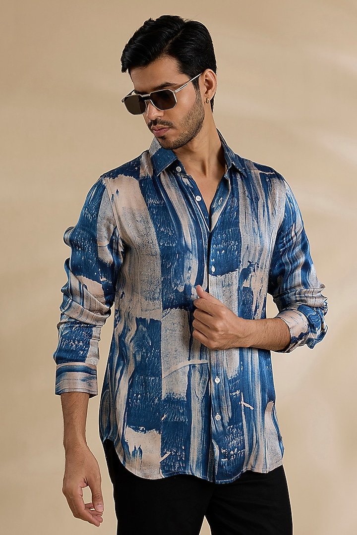 Blue Bamboo Silk Party Wear Shirt by ARJAN DUGAL at Pernia's Pop Up Shop
