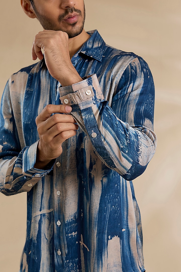 Blue Bamboo Silk Party Wear Shirt by ARJAN DUGAL at Pernia's Pop Up Shop