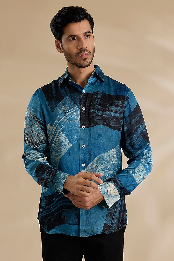 Blue-Black Bamboo Silk Shirt by ARJAN DUGAL