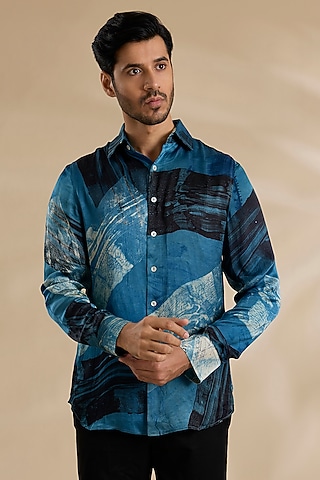 Blue-Black Bamboo Silk Shirt by ARJAN DUGAL