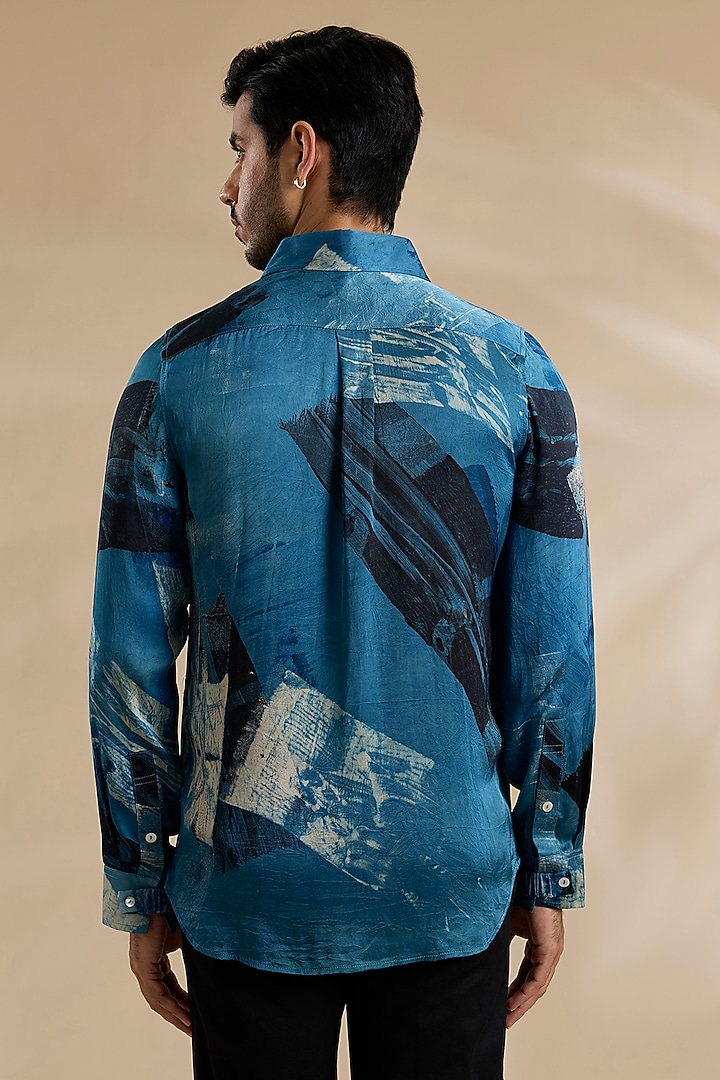 Blue-Black Bamboo Silk Party Wear Shirt by ARJAN DUGAL at Pernia's Pop Up Shop
