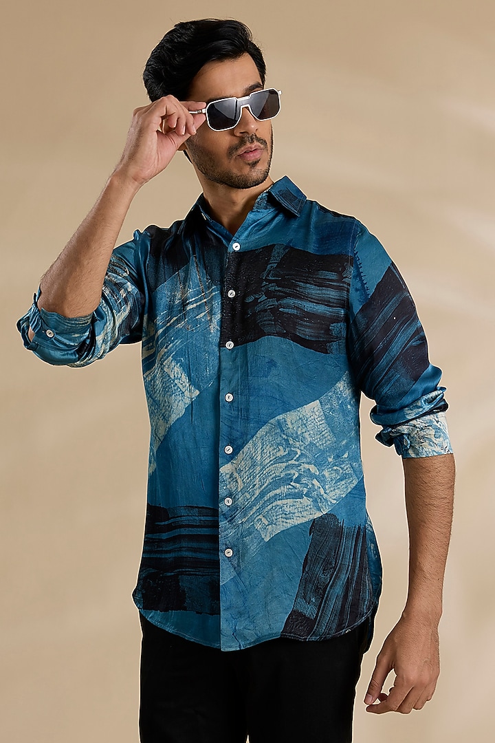 Blue-Black Bamboo Silk Party Wear Shirt by ARJAN DUGAL at Pernia's Pop Up Shop