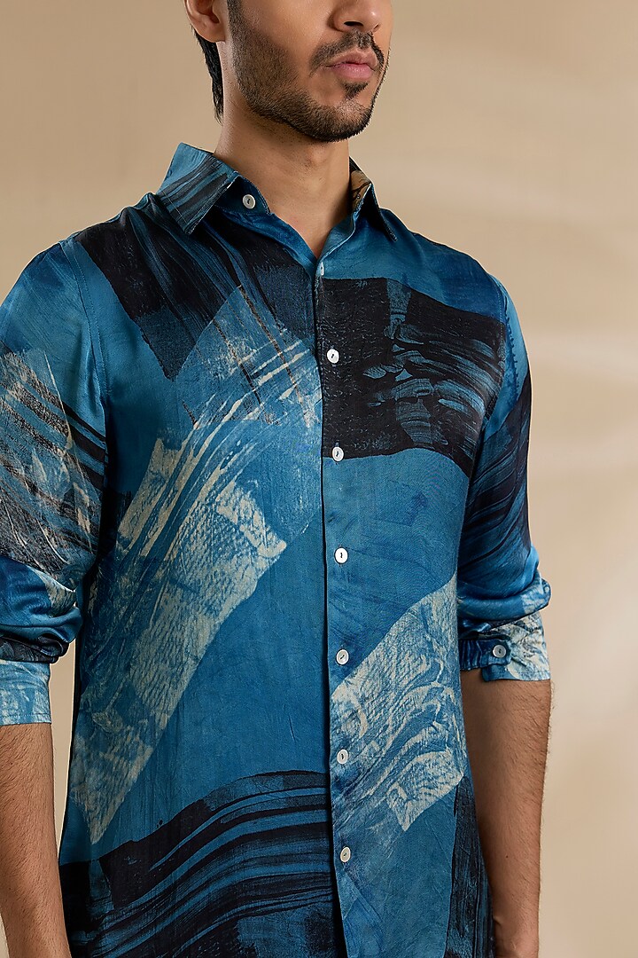 Blue-Black Bamboo Silk Party Wear Shirt by ARJAN DUGAL at Pernia's Pop Up Shop