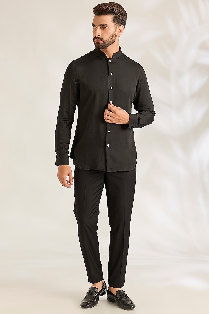 Black Silk Groom Bandhgala Set by ARJAN DUGAL at Pernia's Pop Up Shop