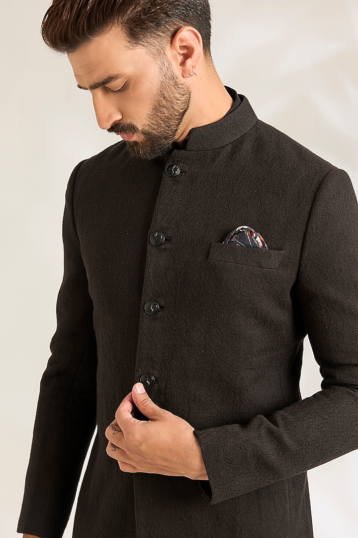 Black Silk Groom Bandhgala Set by ARJAN DUGAL at Pernia's Pop Up Shop