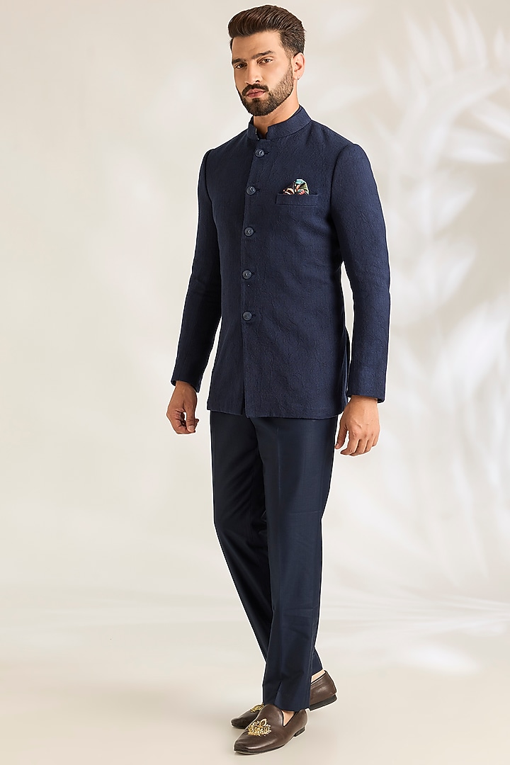 Navy Blue Silk Wedding Bandhgala Set by ARJAN DUGAL at Pernia's Pop Up Shop