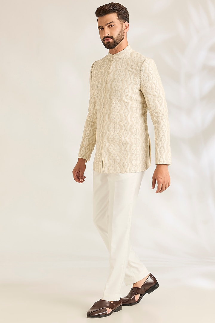 Off-White Silk Groom Bandhgala Set by ARJAN DUGAL at Pernia's Pop Up Shop