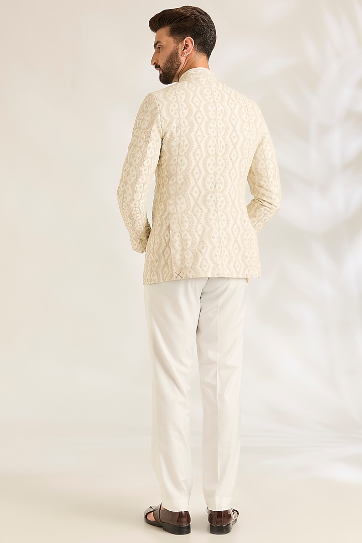 Off-White Silk Groom Bandhgala Set by ARJAN DUGAL at Pernia's Pop Up Shop
