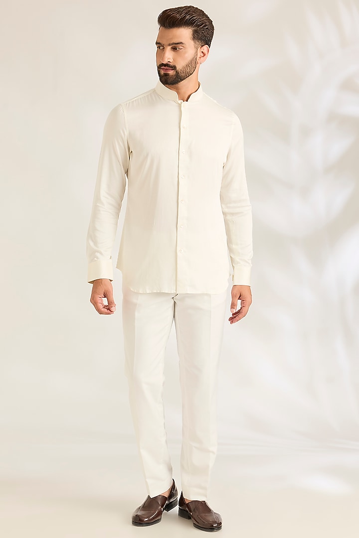 Off-White Silk Groom Bandhgala Set by ARJAN DUGAL at Pernia's Pop Up Shop