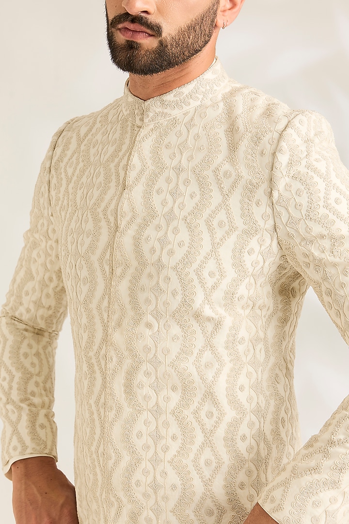 Off-White Silk Groom Bandhgala Set by ARJAN DUGAL at Pernia's Pop Up Shop