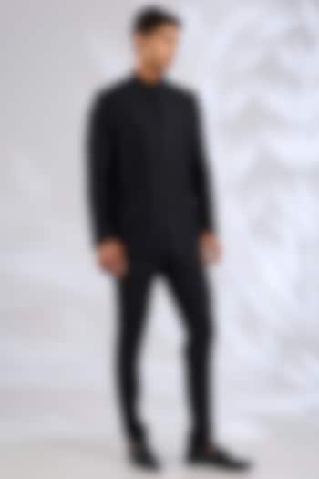 Black Organza & Cotton Satin Lycra Groom Bandhgala Set by ARJAN DUGAL at Pernia's Pop Up Shop