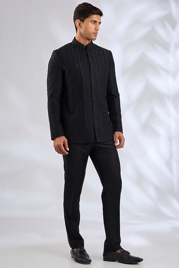 Black Organza & Cotton Satin Lycra Groom Bandhgala Set by ARJAN DUGAL at Pernia's Pop Up Shop