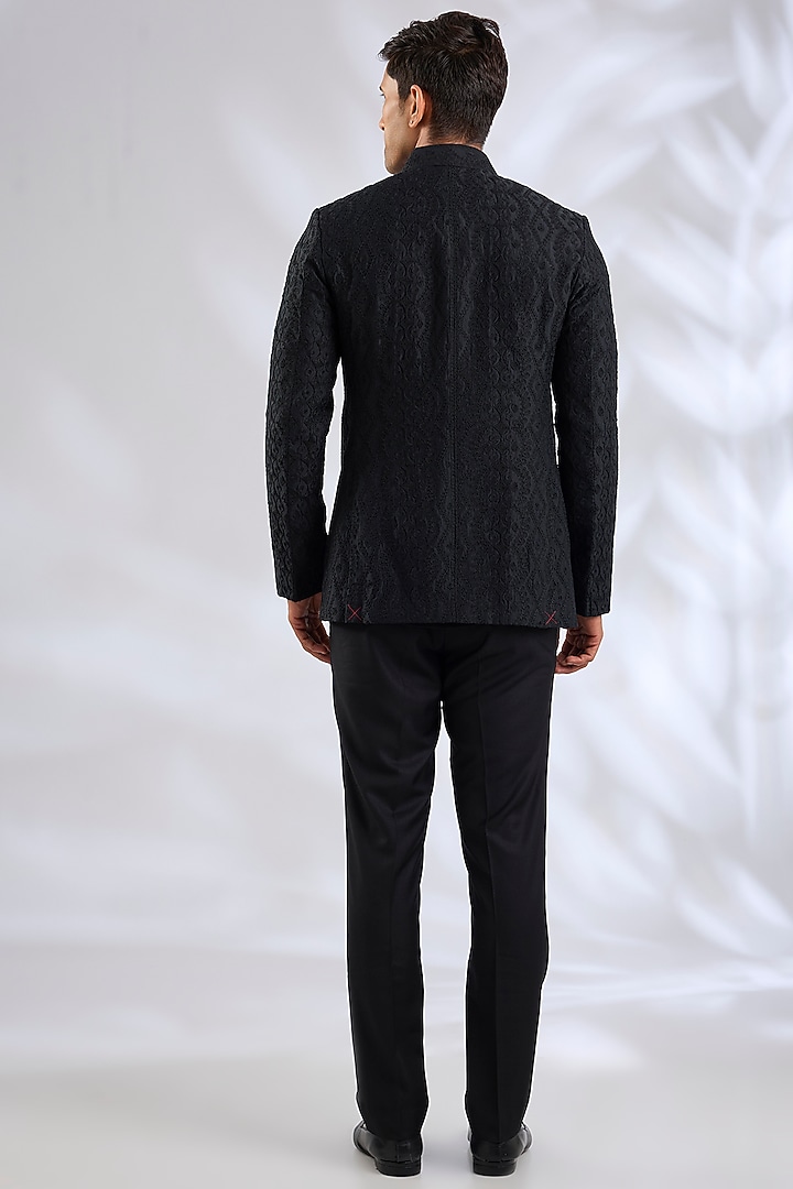 Black Organza & Cotton Satin Lycra Groom Bandhgala Set by ARJAN DUGAL at Pernia's Pop Up Shop