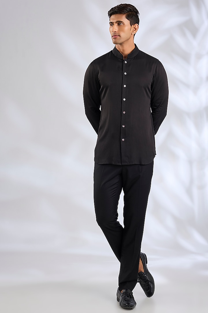 Black Organza & Cotton Satin Lycra Groom Bandhgala Set by ARJAN DUGAL at Pernia's Pop Up Shop