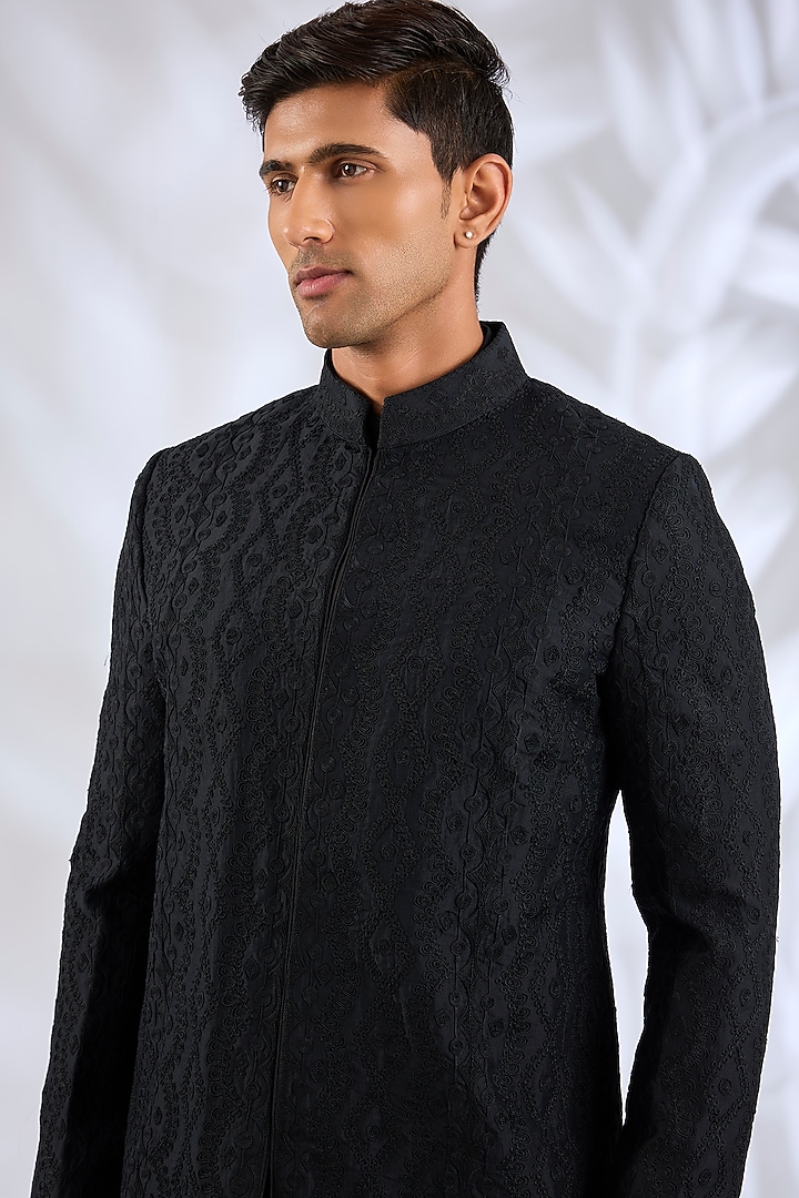 Black Organza & Cotton Satin Lycra Groom Bandhgala Set by ARJAN DUGAL at Pernia's Pop Up Shop