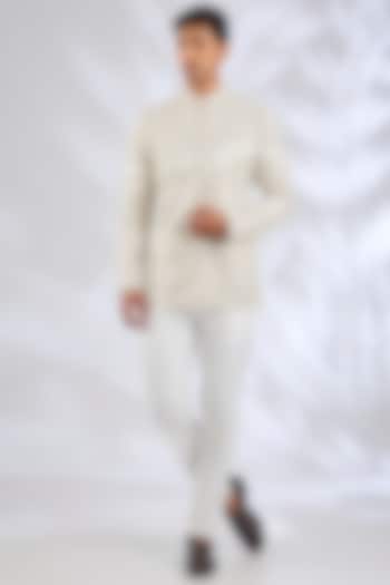 Off-White Organza & Cotton Satin Lycra Groom Bandhgala Set by ARJAN DUGAL at Pernia's Pop Up Shop