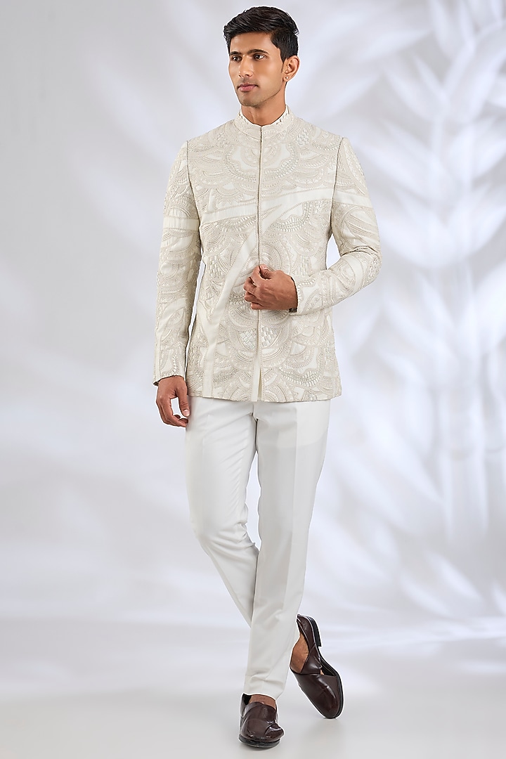 Off-White Organza & Cotton Satin Lycra Groom Bandhgala Set by ARJAN DUGAL at Pernia's Pop Up Shop
