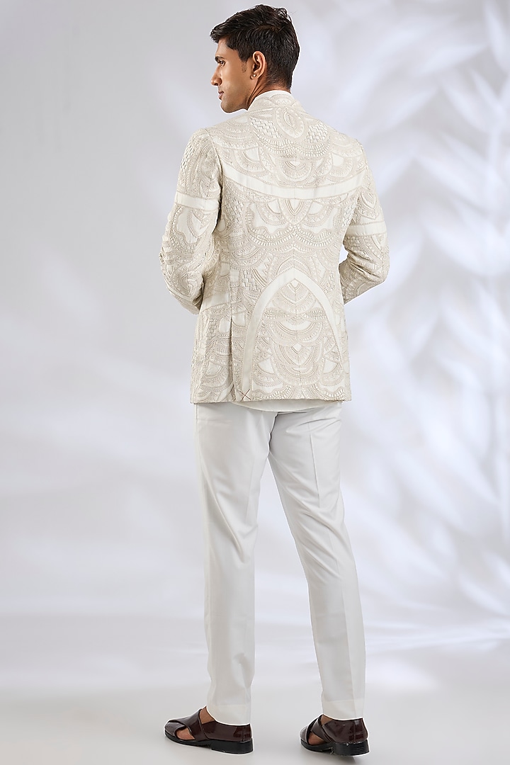 Off-White Organza & Cotton Satin Lycra Groom Bandhgala Set by ARJAN DUGAL at Pernia's Pop Up Shop