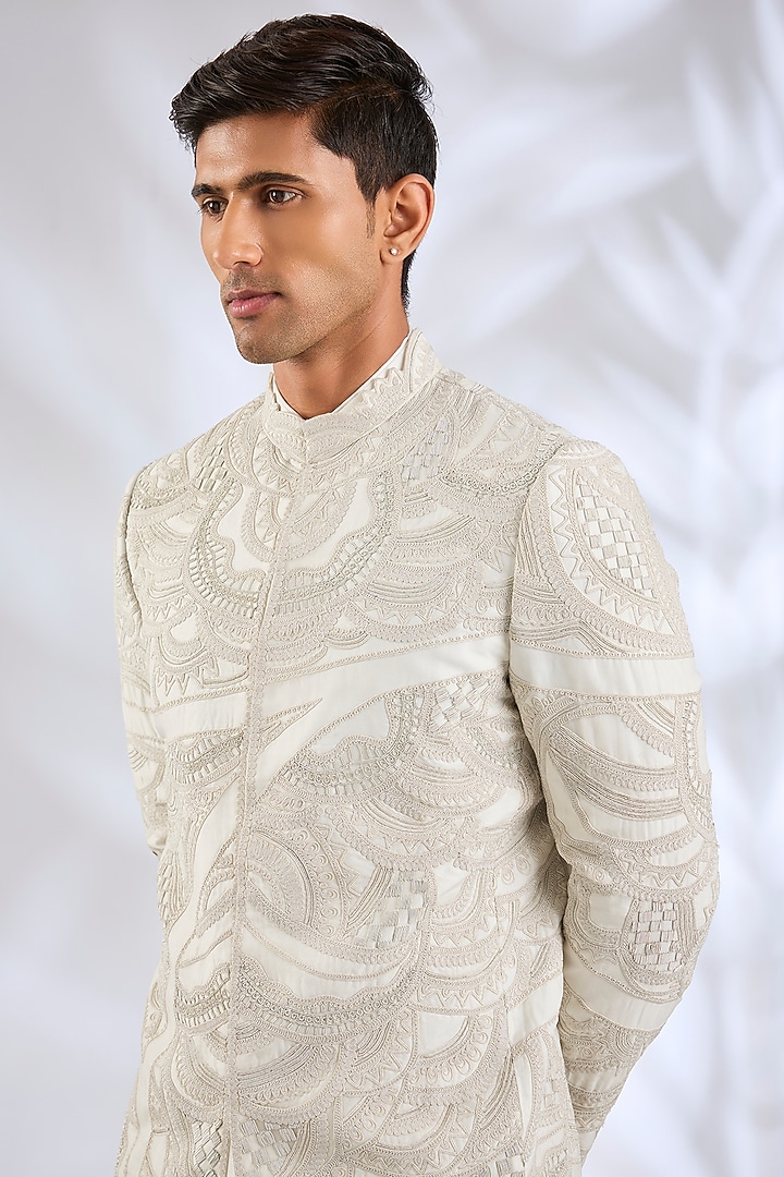 Off-White Organza & Cotton Satin Lycra Groom Bandhgala Set by ARJAN DUGAL at Pernia's Pop Up Shop