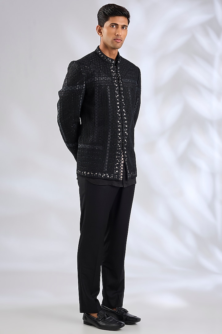 Black Organza & Cotton Satin Lycra Groom Bandhgala Set by ARJAN DUGAL at Pernia's Pop Up Shop