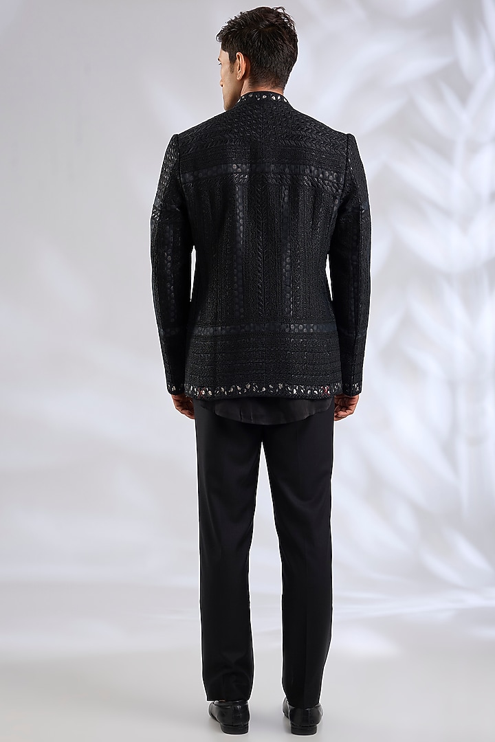 Black Organza & Cotton Satin Lycra Groom Bandhgala Set by ARJAN DUGAL at Pernia's Pop Up Shop