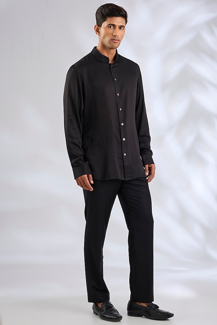 Black Organza & Cotton Satin Lycra Groom Bandhgala Set by ARJAN DUGAL at Pernia's Pop Up Shop
