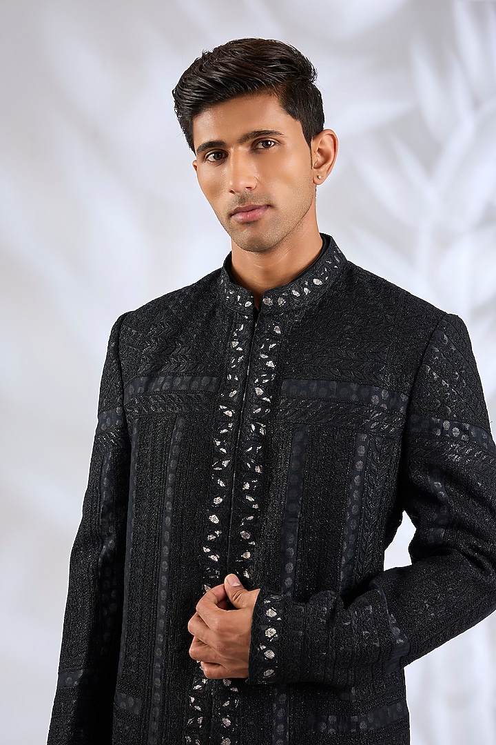 Black Organza & Cotton Satin Lycra Groom Bandhgala Set by ARJAN DUGAL at Pernia's Pop Up Shop