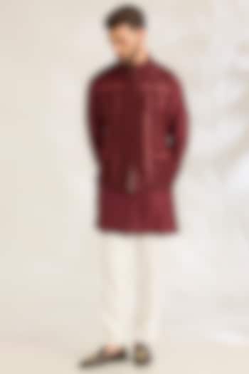 Oxblood Red Silk Bundi Jacket Set by ARJAN DUGAL at Pernia's Pop Up Shop