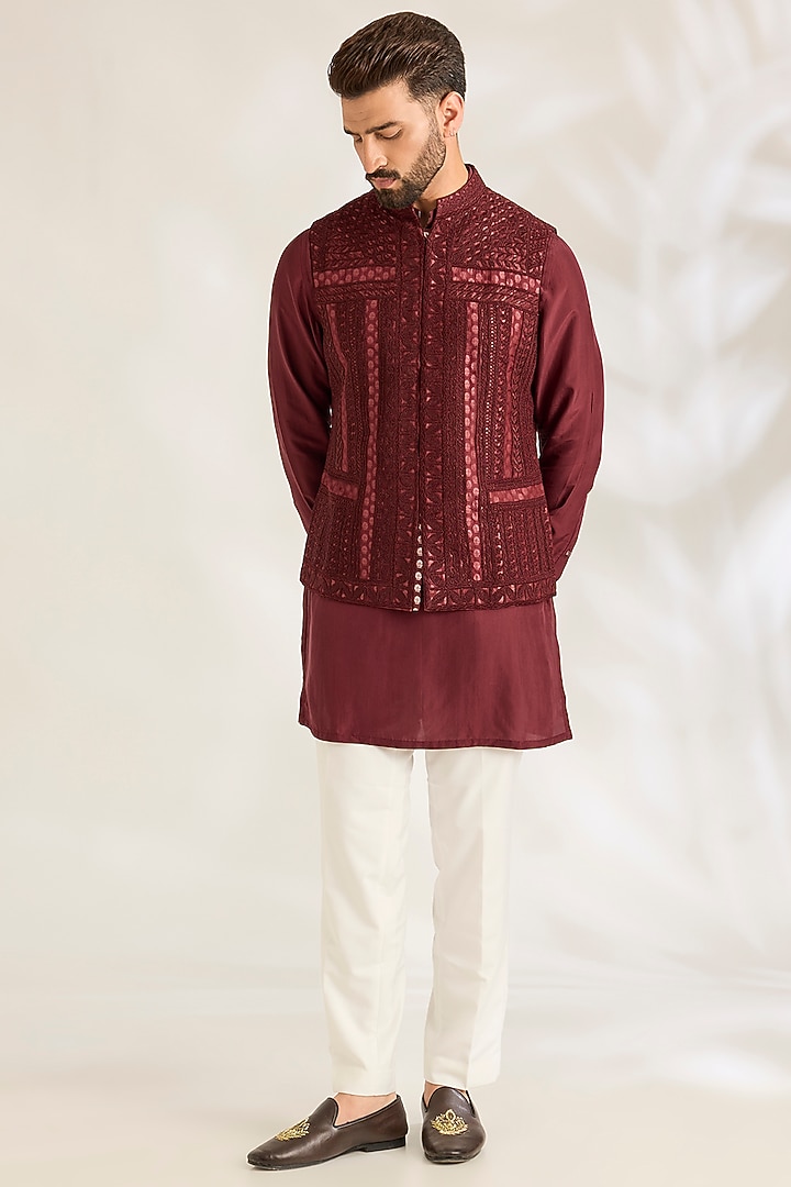 Oxblood Red Silk Bundi Jacket Set by ARJAN DUGAL at Pernia's Pop Up Shop