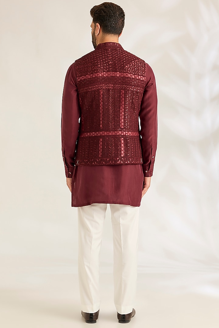 Oxblood Red Silk Bundi Jacket Set by ARJAN DUGAL at Pernia's Pop Up Shop