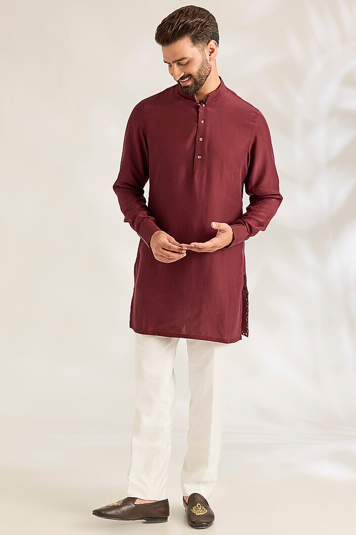 Oxblood Red Silk Bundi Jacket Set by ARJAN DUGAL at Pernia's Pop Up Shop