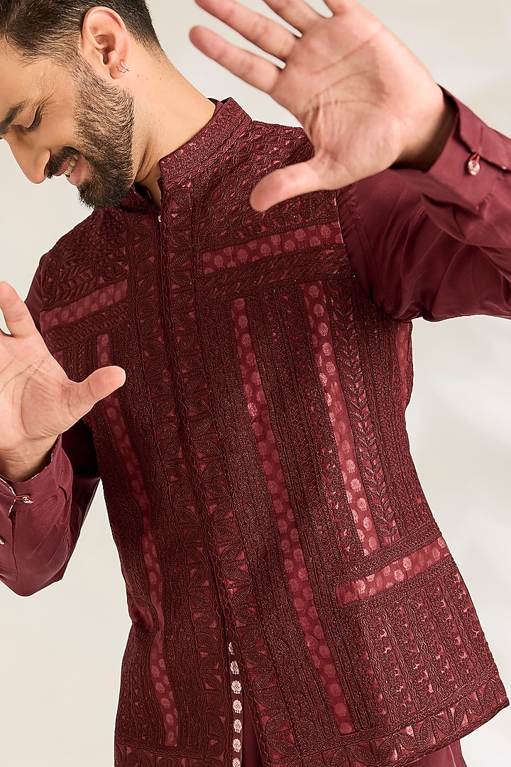 Oxblood Red Silk Bundi Jacket Set by ARJAN DUGAL at Pernia's Pop Up Shop