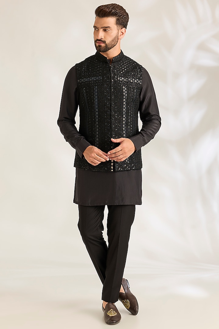 Black Silk Bundi Jacket Set by ARJAN DUGAL at Pernia's Pop Up Shop