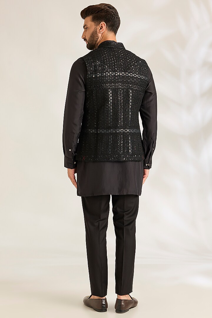 Black Silk Bundi Jacket Set by ARJAN DUGAL at Pernia's Pop Up Shop