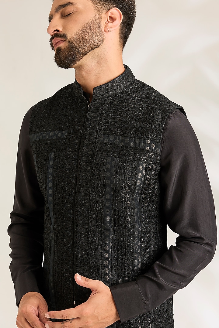 Black Silk Bundi Jacket Set by ARJAN DUGAL at Pernia's Pop Up Shop