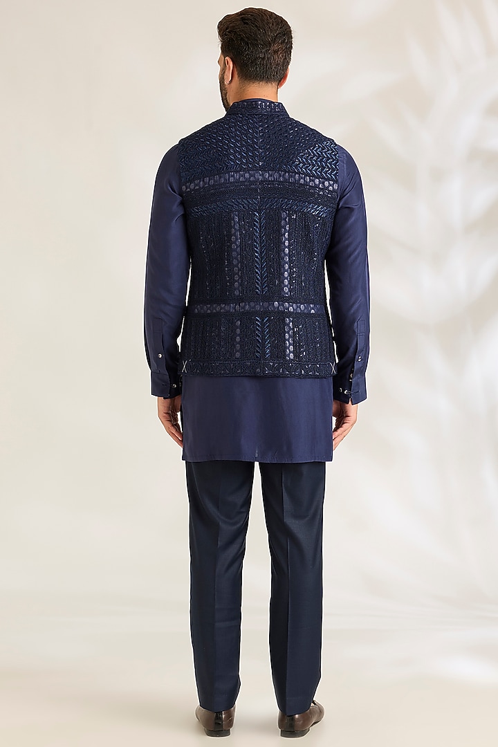 Navy Blue Silk Bundi Jacket Set by ARJAN DUGAL at Pernia's Pop Up Shop