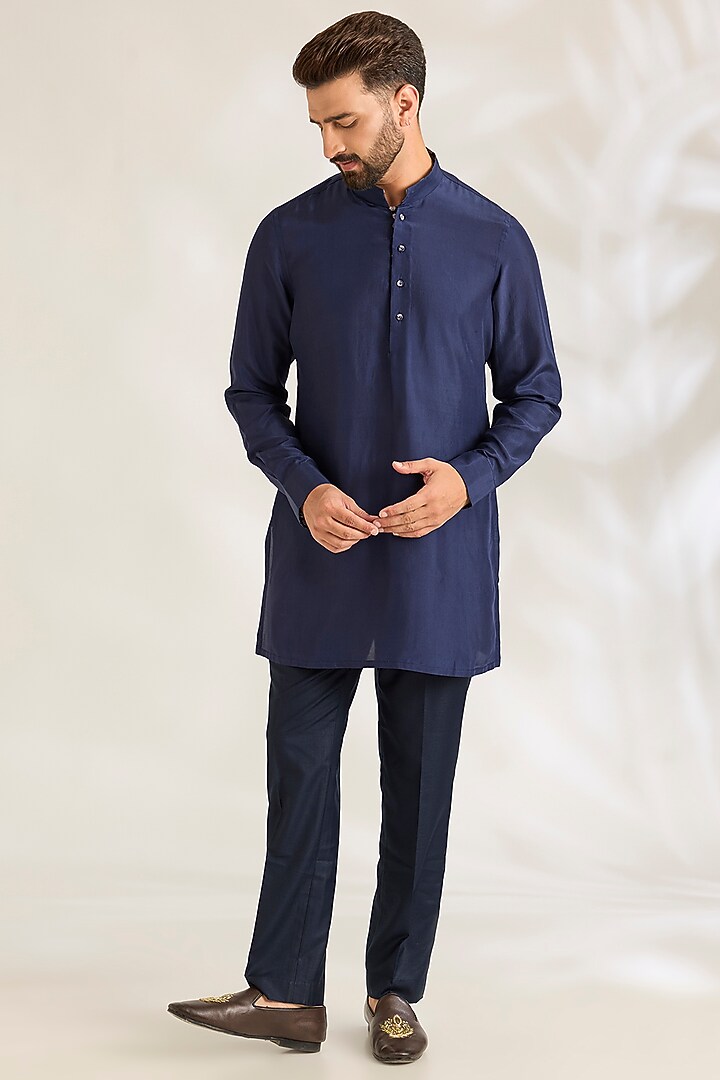Navy Blue Silk Bundi Jacket Set by ARJAN DUGAL at Pernia's Pop Up Shop